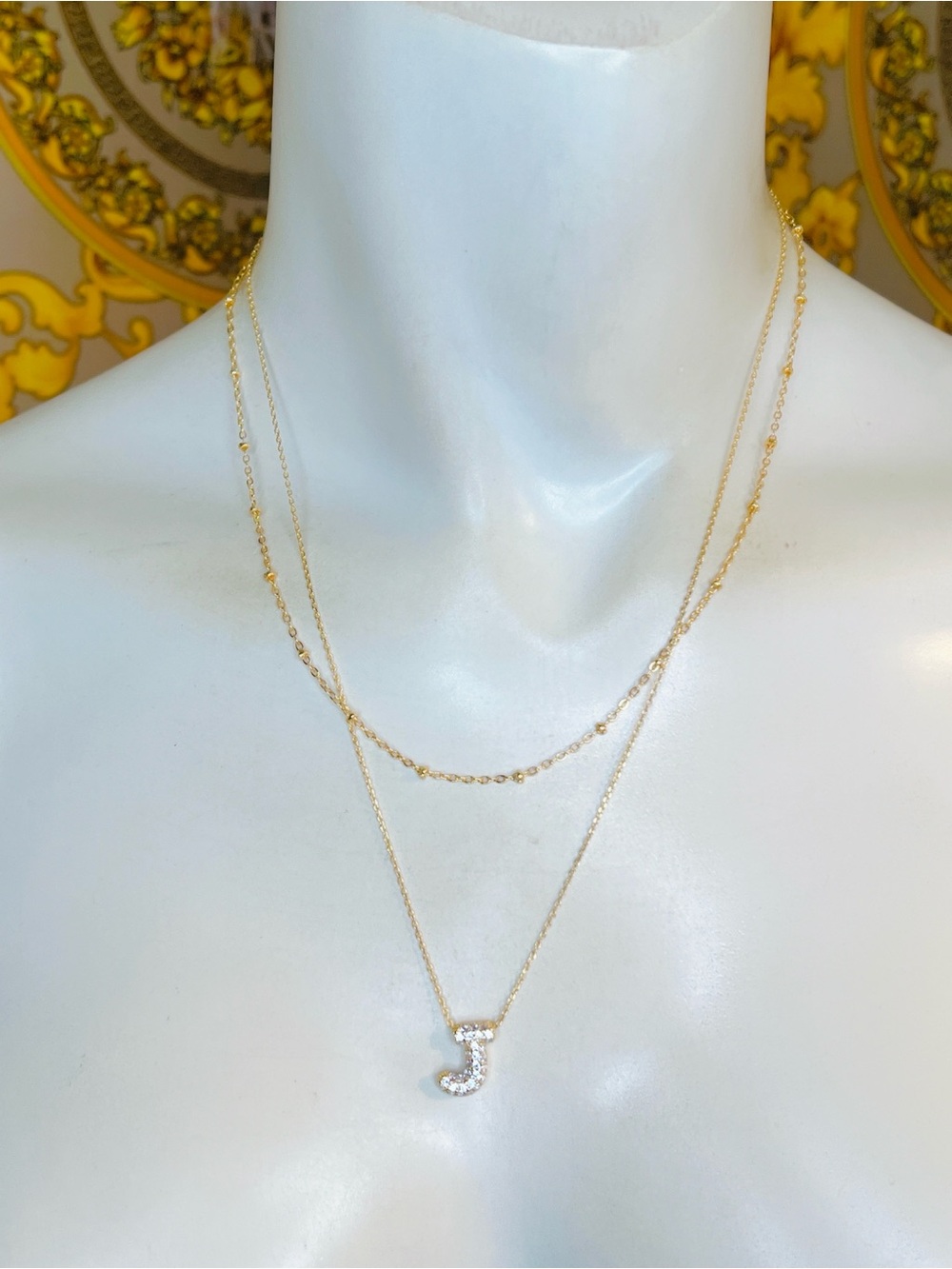 18k yellow gold filled J pave CZ 💎 diamond layered necklace initial letter